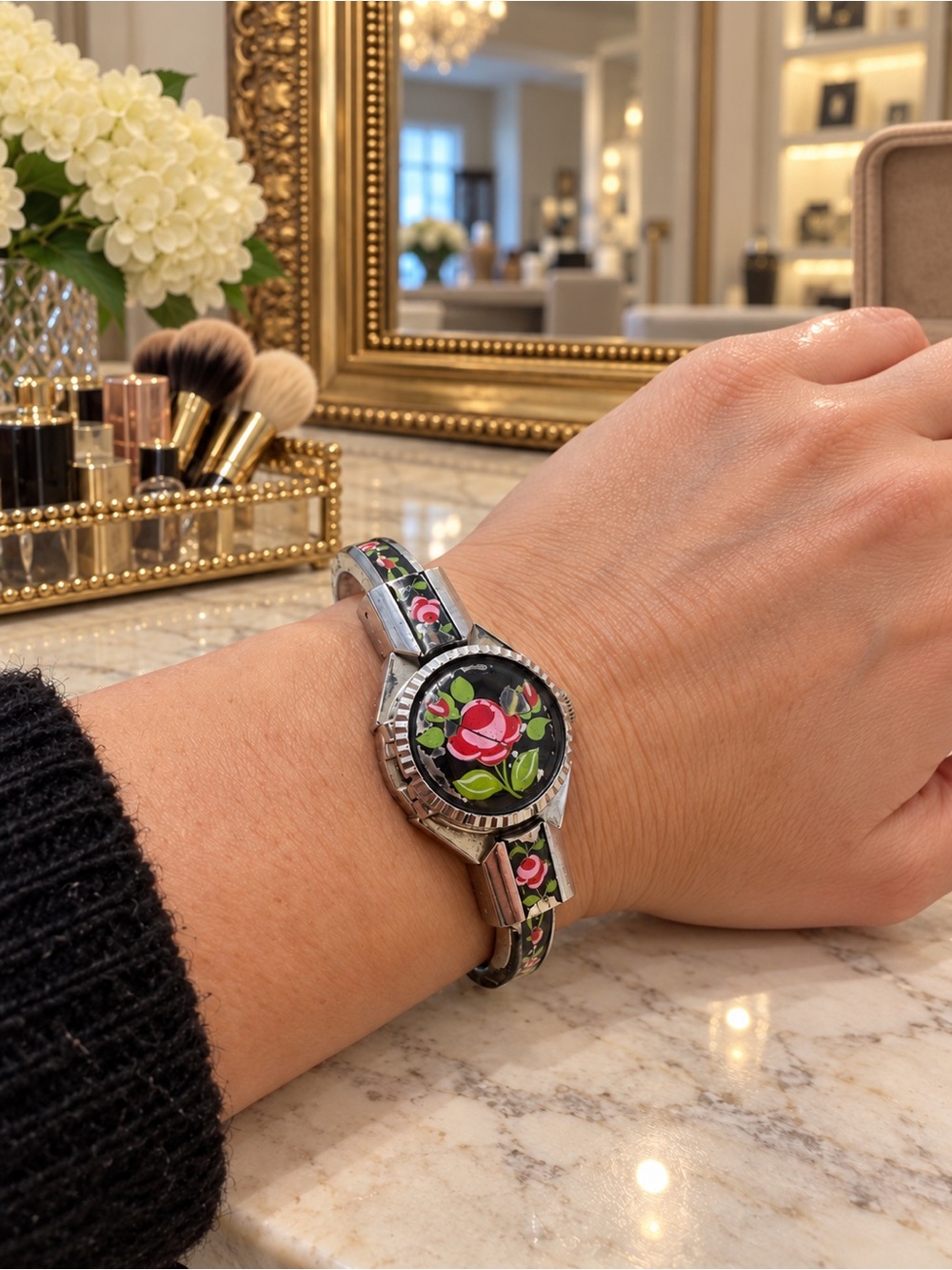Vintage Lugano Swiss Made Enamel Rose Cover Bangle Watch